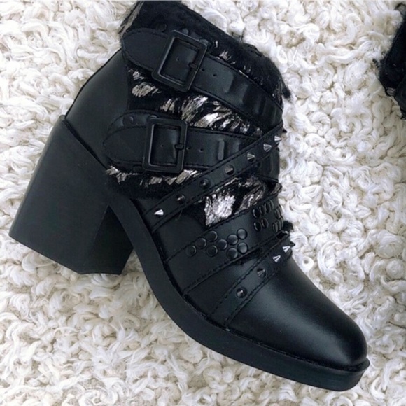 Kelsi Dagger Studded Metallic Faux Fur Ankle Black Leather Boot Women Sizes NWOB - Picture 10 of 14